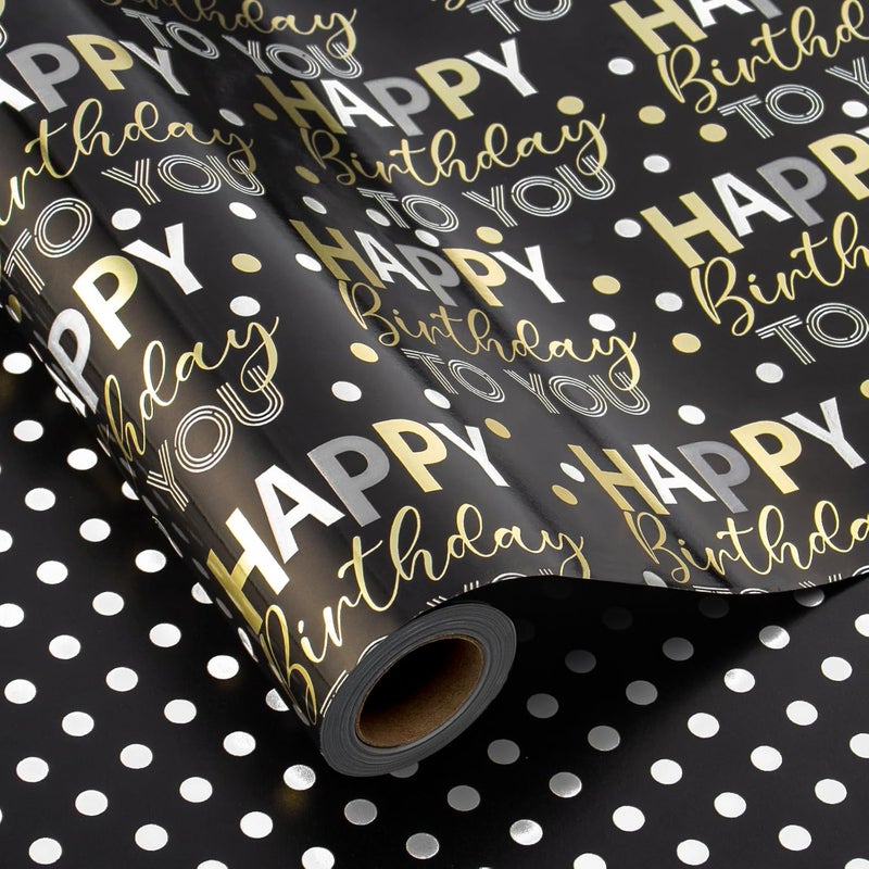 MAYPLUSS Reversible Black Birthday Wrapping Paper Roll - 17 Inch X 33 Feet - Glitter Happy Birthday Lettering Metallic Foil Paper Boy Gift Wrap w/Polka Dot for Party Father's Day Halloween's Day - Image 1